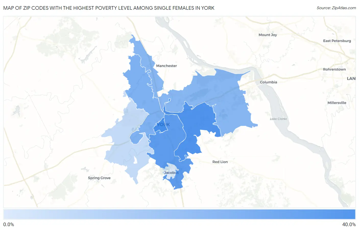 Zip Codes with the Highest Poverty Level Among Single Females in York Map