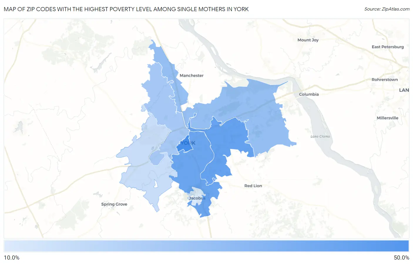 Zip Codes with the Highest Poverty Level Among Single Mothers in York Map