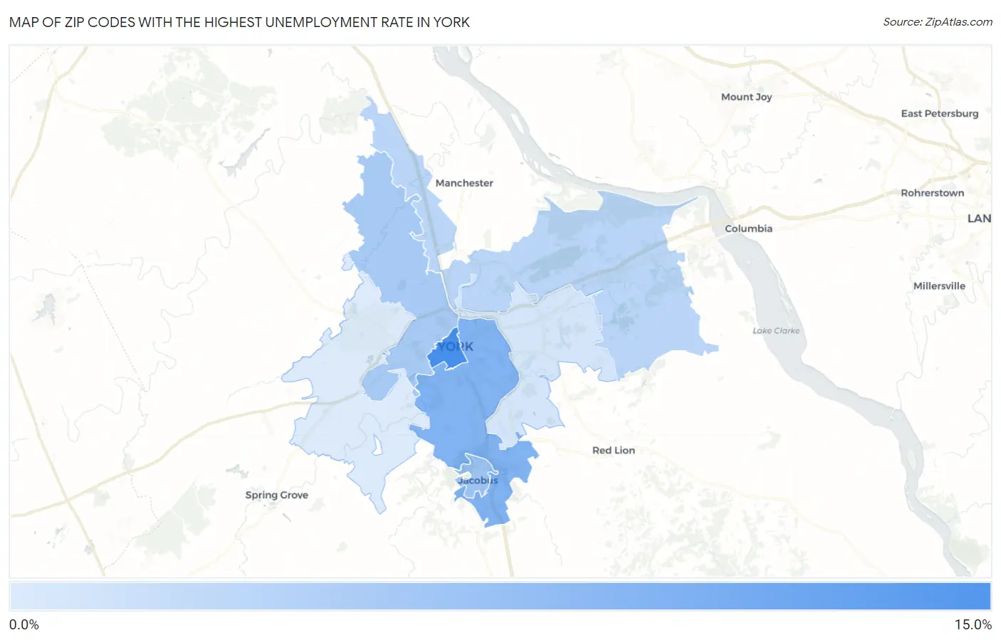 Zip Codes with the Highest Unemployment Rate in York Map