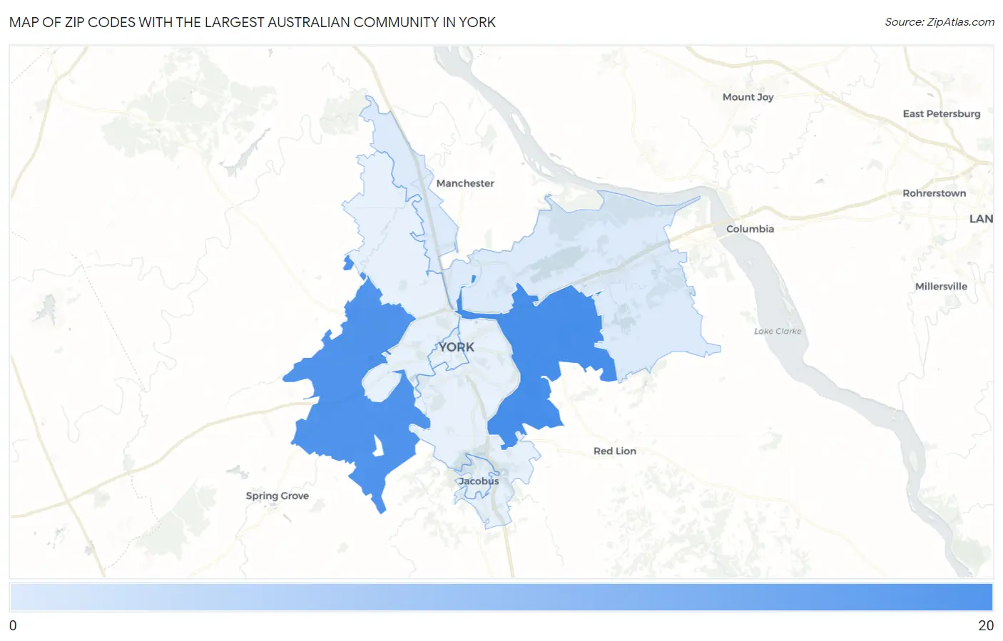 Zip Codes with the Largest Australian Community in York Map