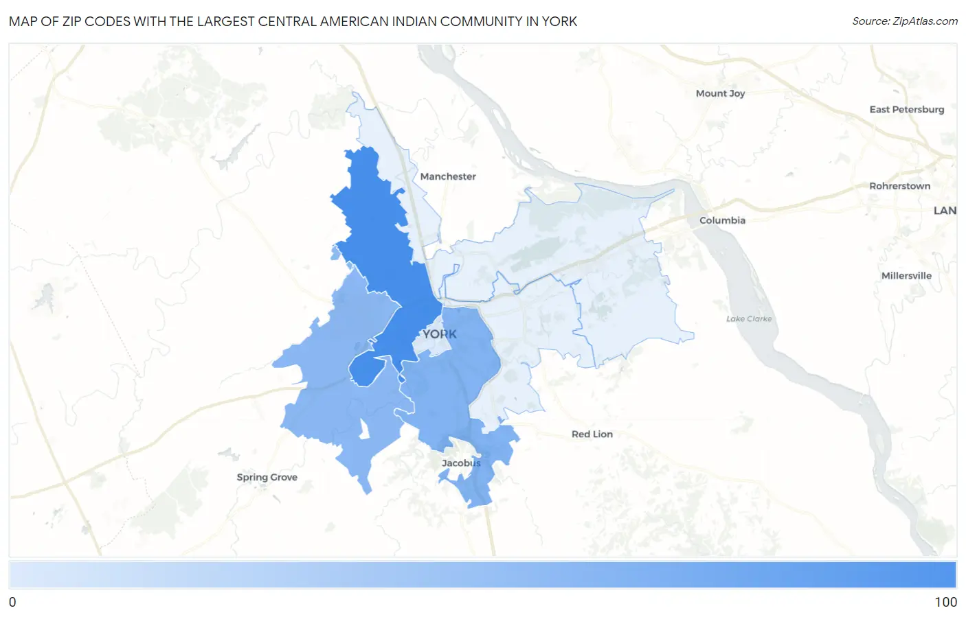 Zip Codes with the Largest Central American Indian Community in York Map