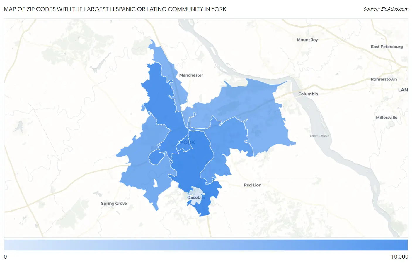 Zip Codes with the Largest Hispanic or Latino Community in York Map