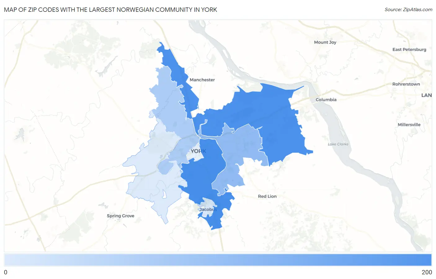 Zip Codes with the Largest Norwegian Community in York Map