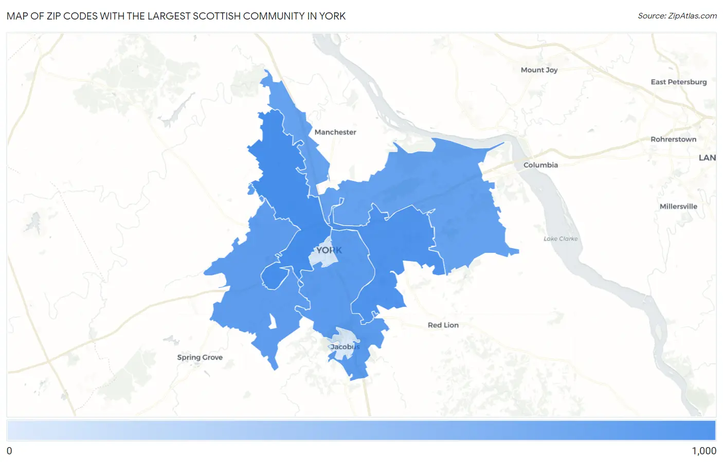 Zip Codes with the Largest Scottish Community in York Map
