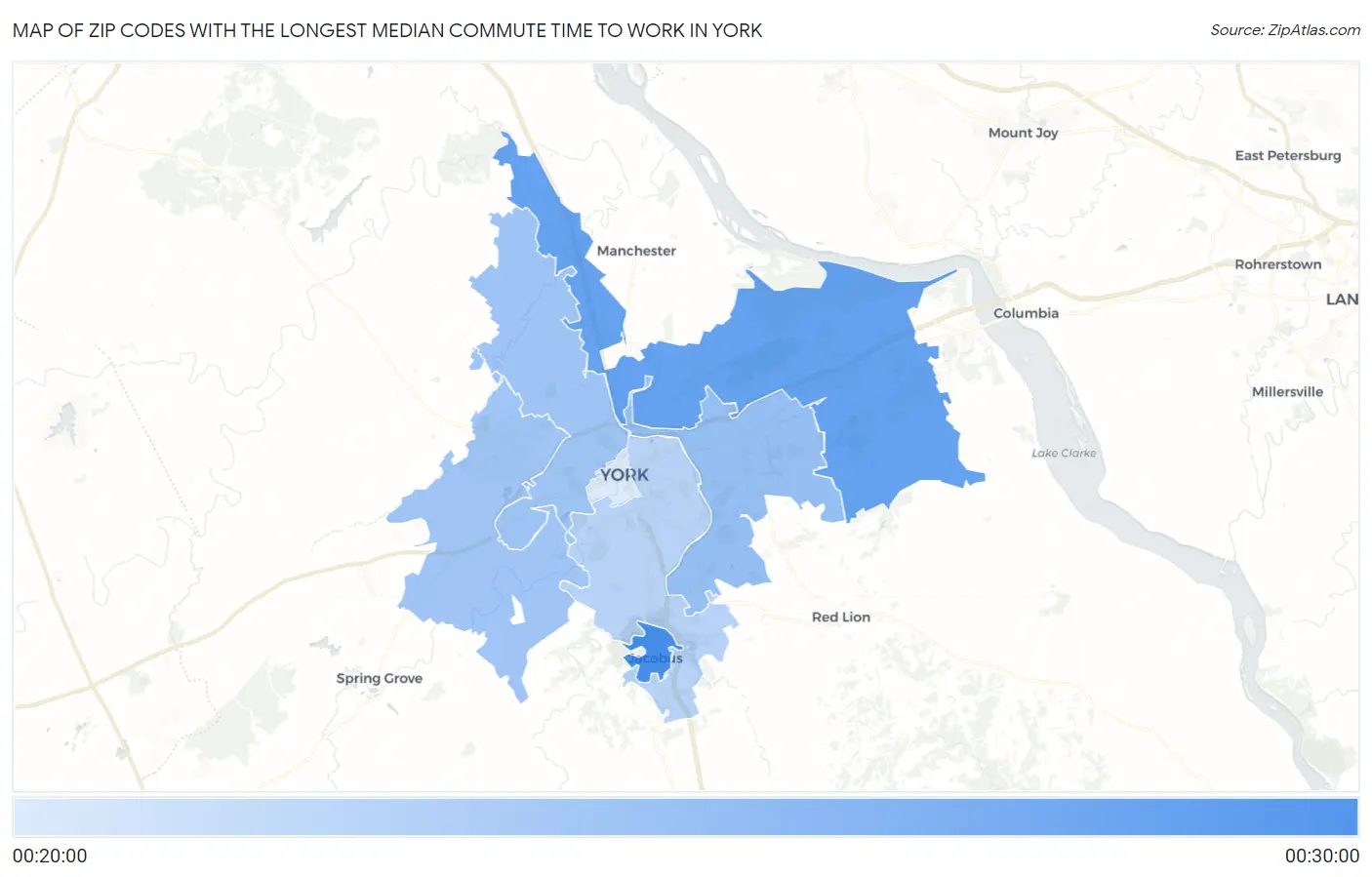 Zip Codes with the Longest Median Commute Time to Work in York Map