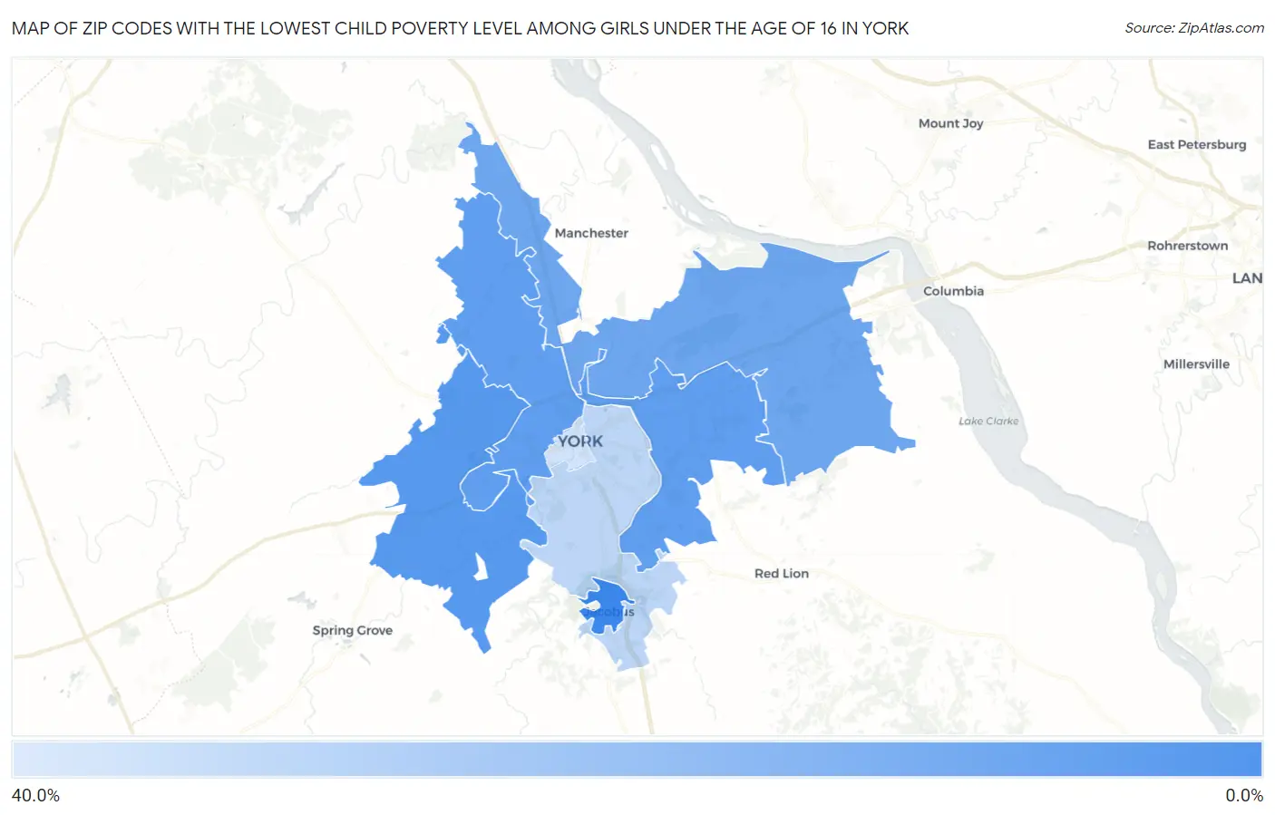 Zip Codes with the Lowest Child Poverty Level Among Girls Under the Age of 16 in York Map