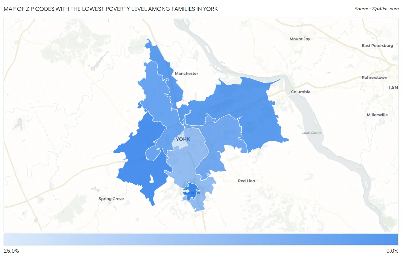 Zip Codes with the Lowest Poverty Level Among Families in York Map