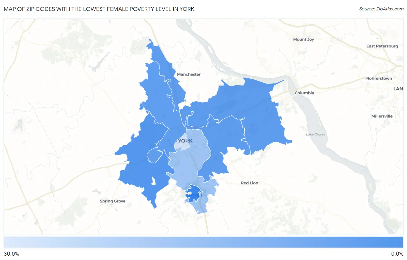 Zip Codes with the Lowest Female Poverty Level in York Map