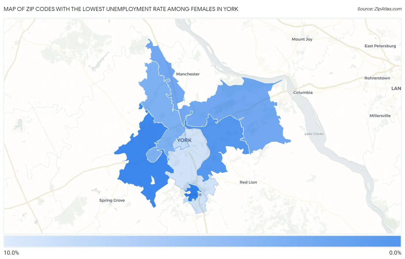 Zip Codes with the Lowest Unemployment Rate Among Females in York Map