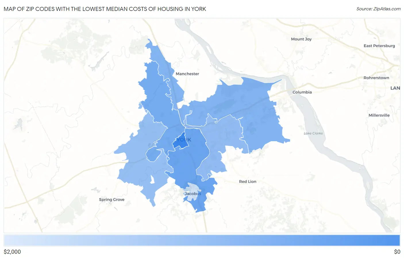 Zip Codes with the Lowest Median Costs of Housing in York Map