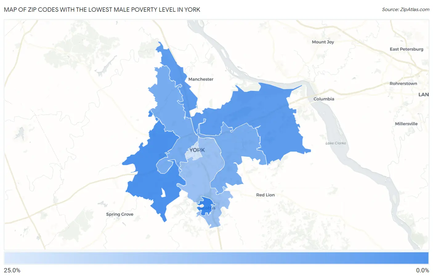 Zip Codes with the Lowest Male Poverty Level in York Map