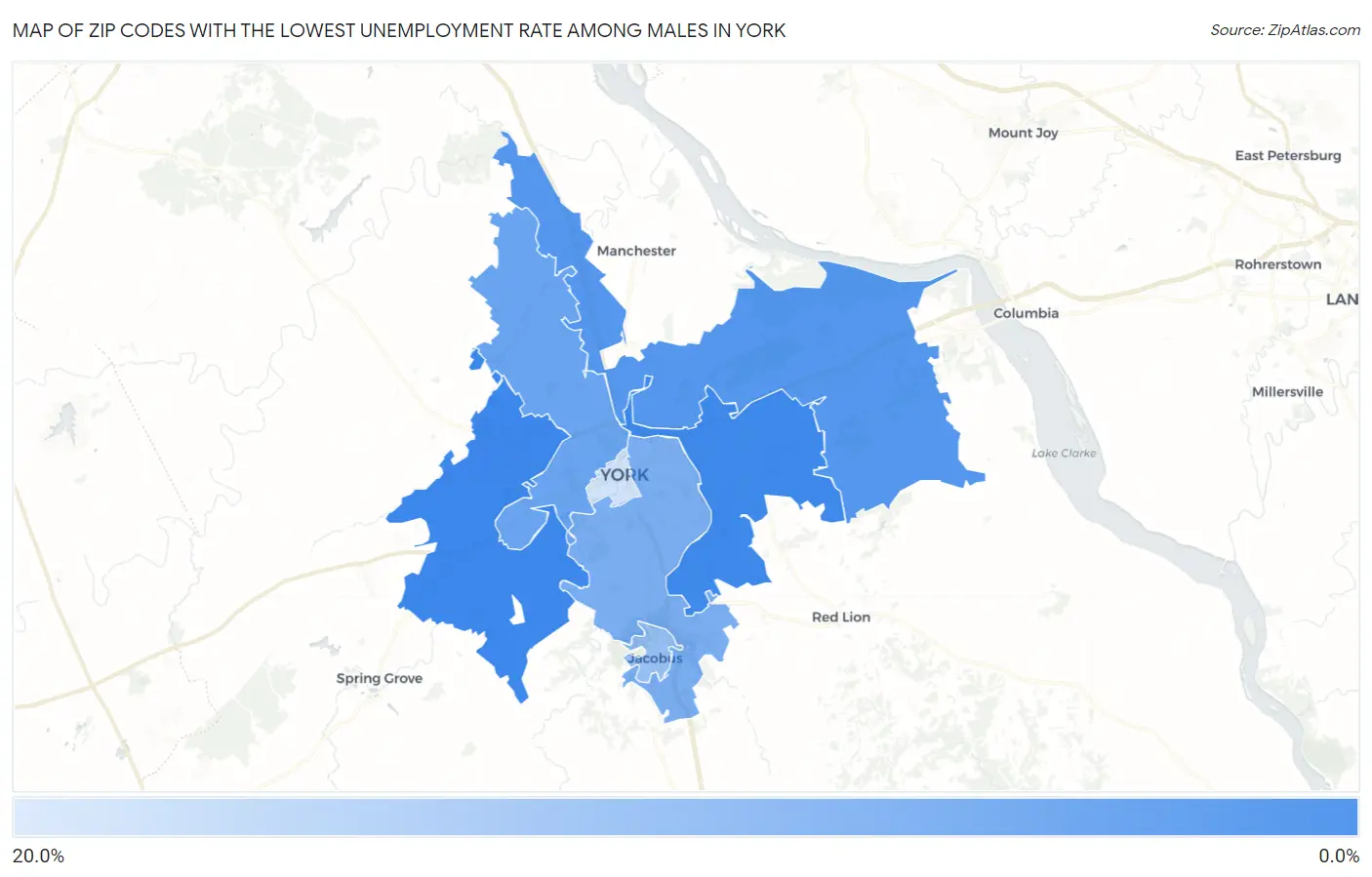 Zip Codes with the Lowest Unemployment Rate Among Males in York Map