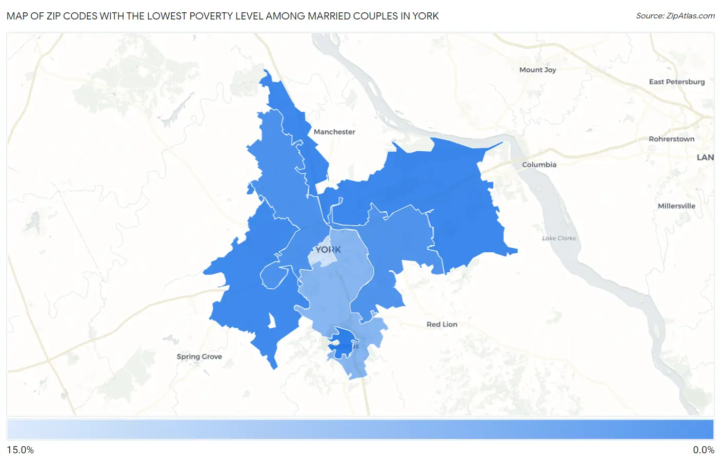 Zip Codes with the Lowest Poverty Level Among Married Couples in York Map