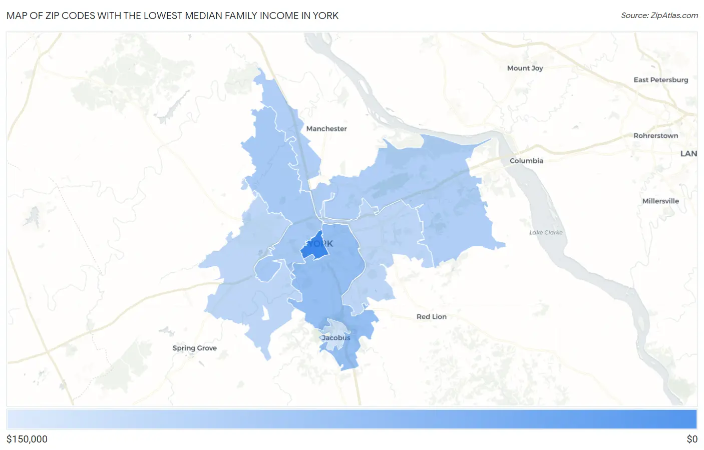 Zip Codes with the Lowest Median Family Income in York Map