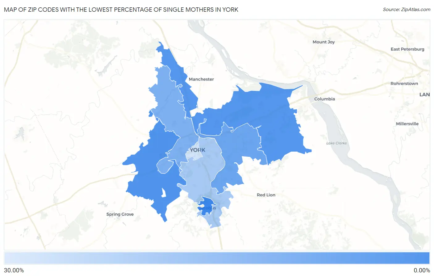 Zip Codes with the Lowest Percentage of Single Mothers in York Map