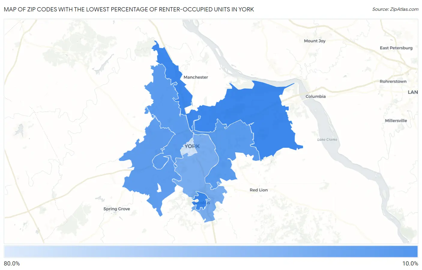Zip Codes with the Lowest Percentage of Renter-Occupied Units in York Map