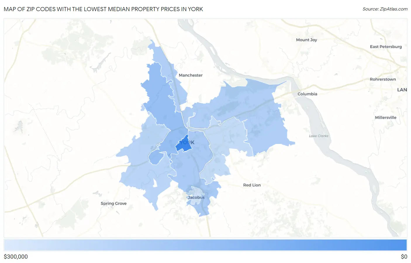 Zip Codes with the Lowest Median Property Prices in York Map