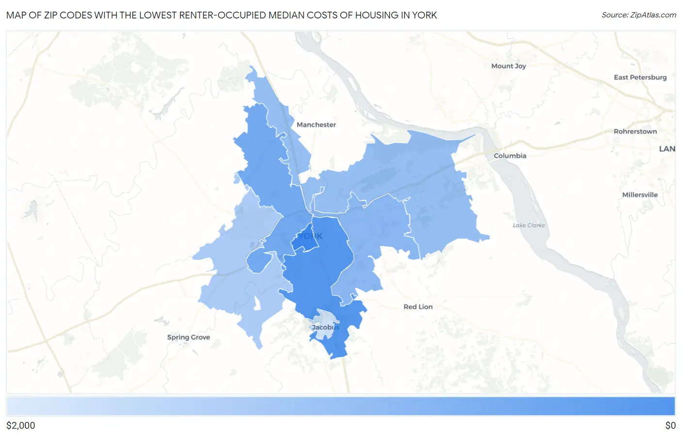 Zip Codes with the Lowest Renter-Occupied Median Costs of Housing in York Map