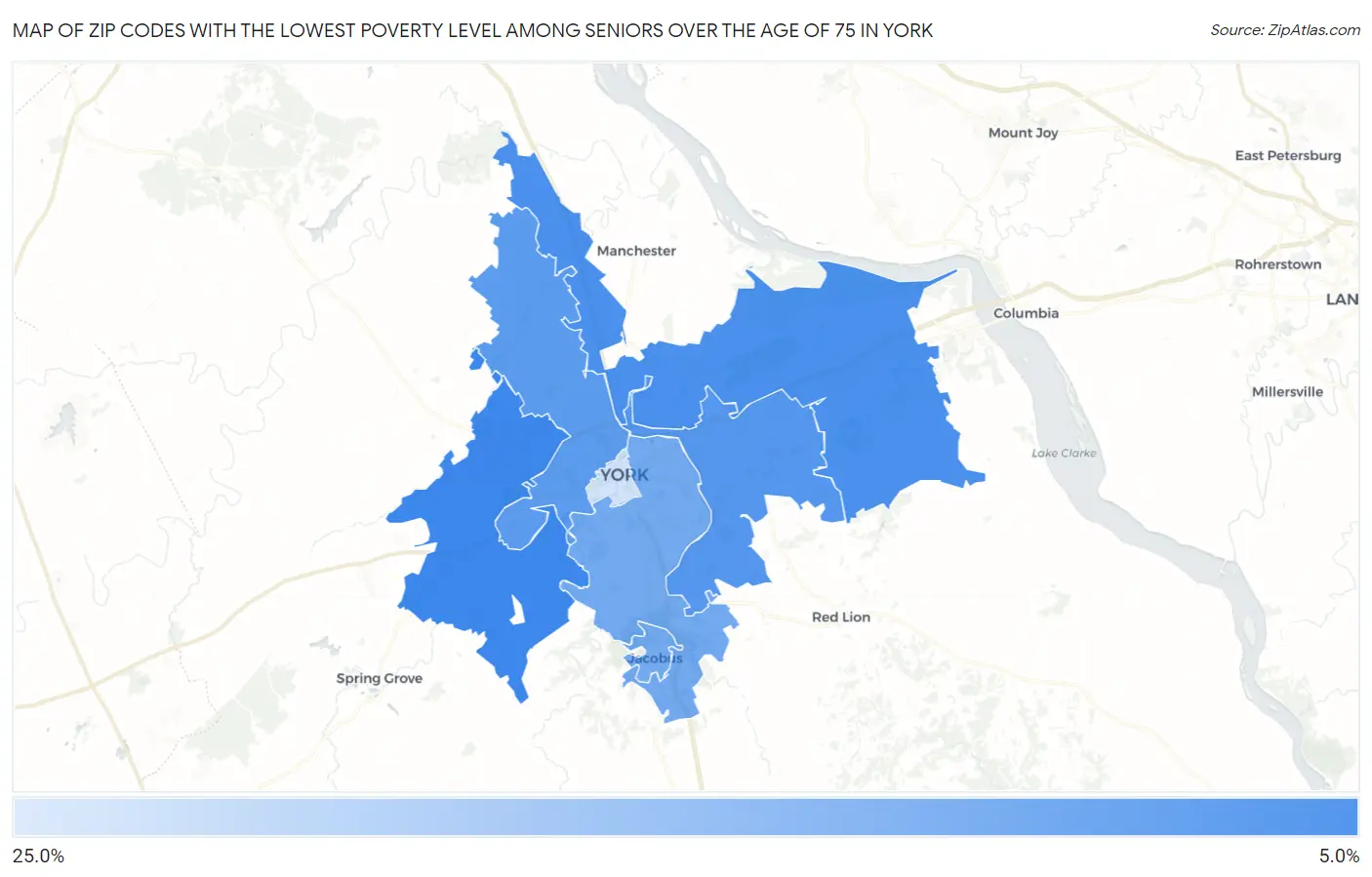 Zip Codes with the Lowest Poverty Level Among Seniors Over the Age of 75 in York Map