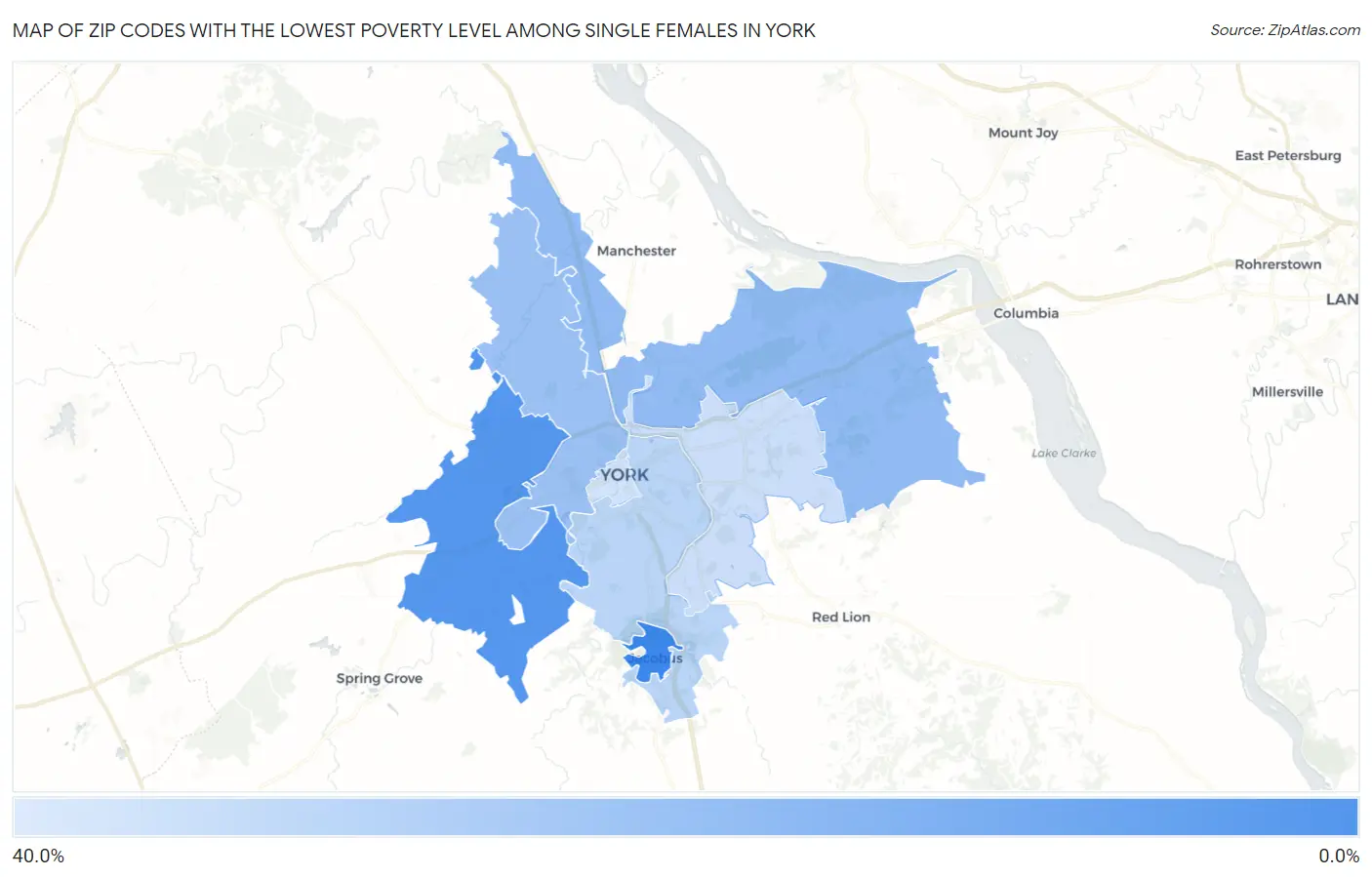 Zip Codes with the Lowest Poverty Level Among Single Females in York Map