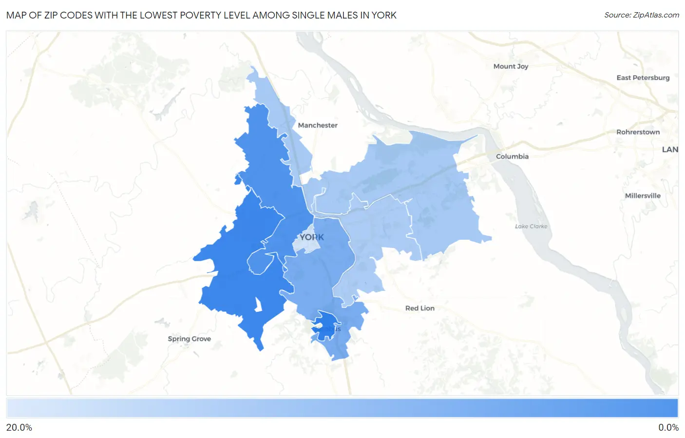 Zip Codes with the Lowest Poverty Level Among Single Males in York Map