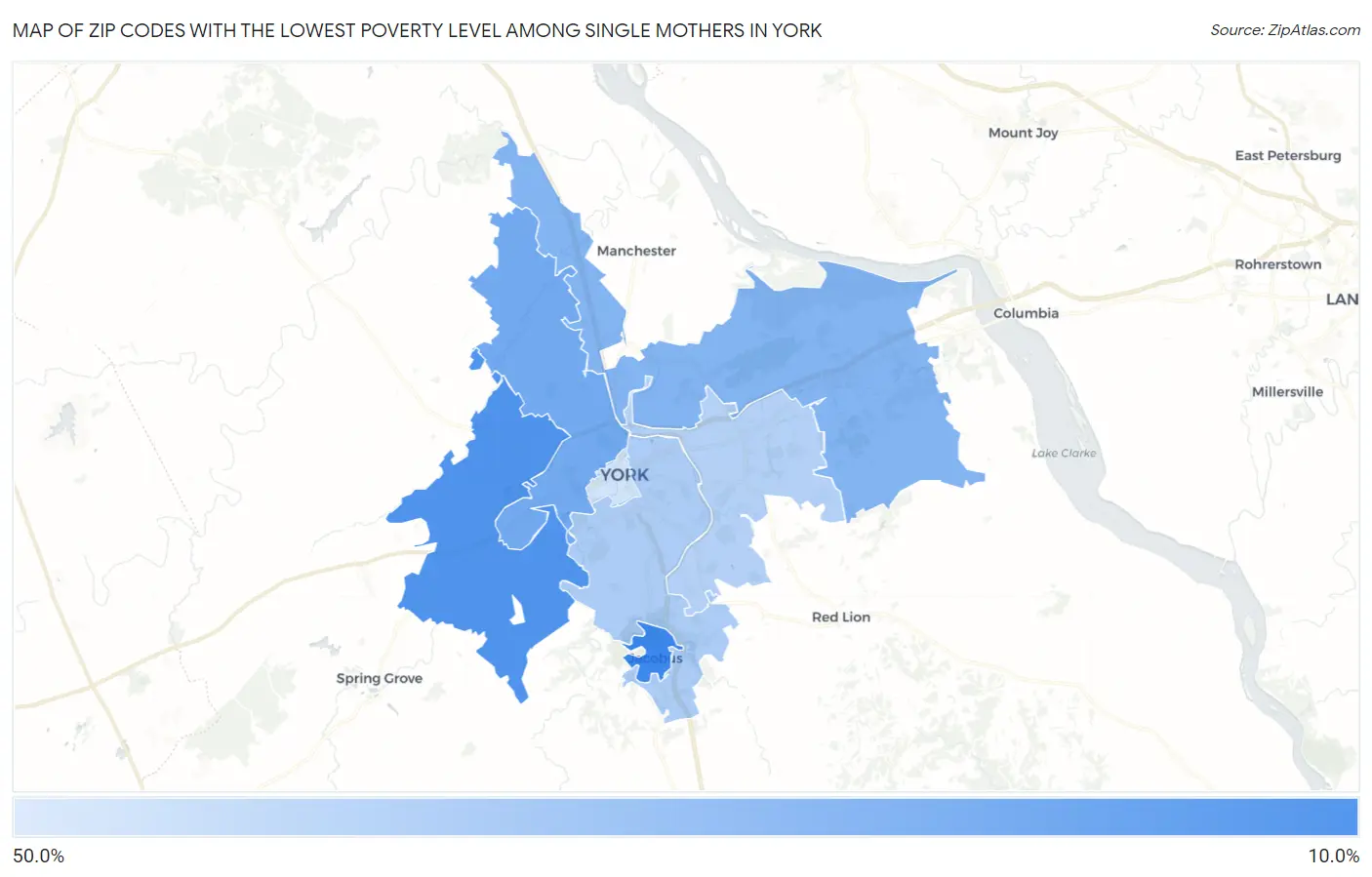 Zip Codes with the Lowest Poverty Level Among Single Mothers in York Map