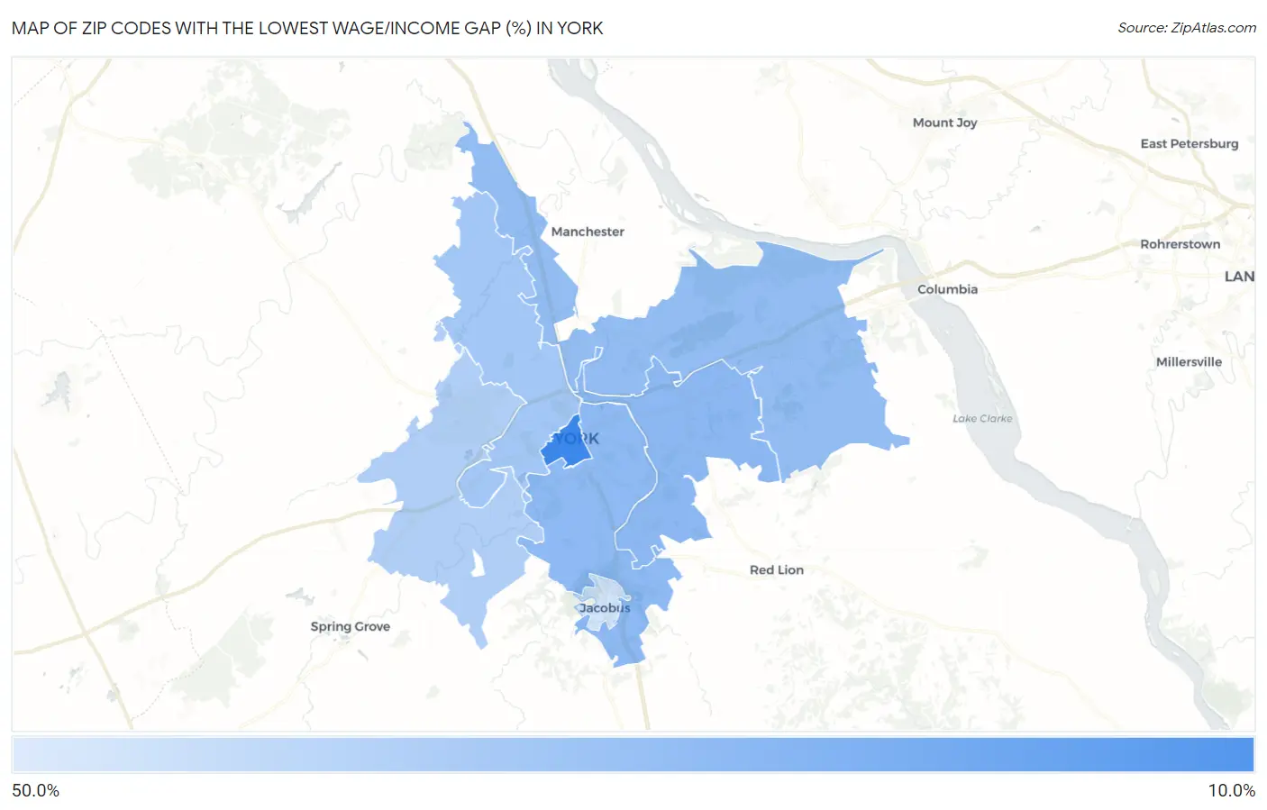 Zip Codes with the Lowest Wage/Income Gap (%) in York Map