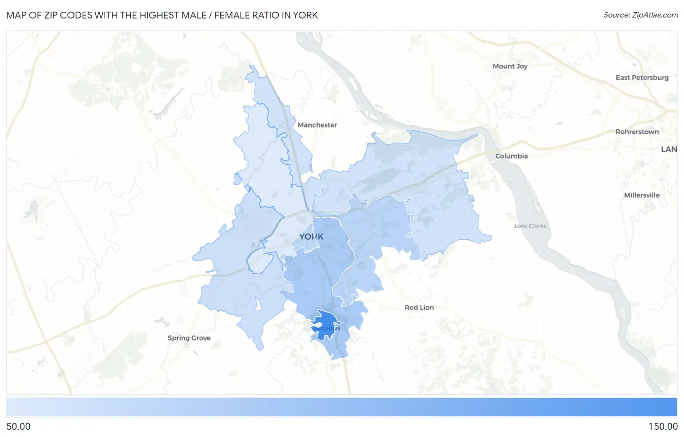Zip Codes with the Highest Male / Female Ratio in York Map