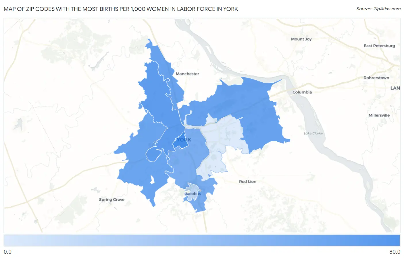 Zip Codes with the Most Births per 1,000 Women in Labor Force in York Map