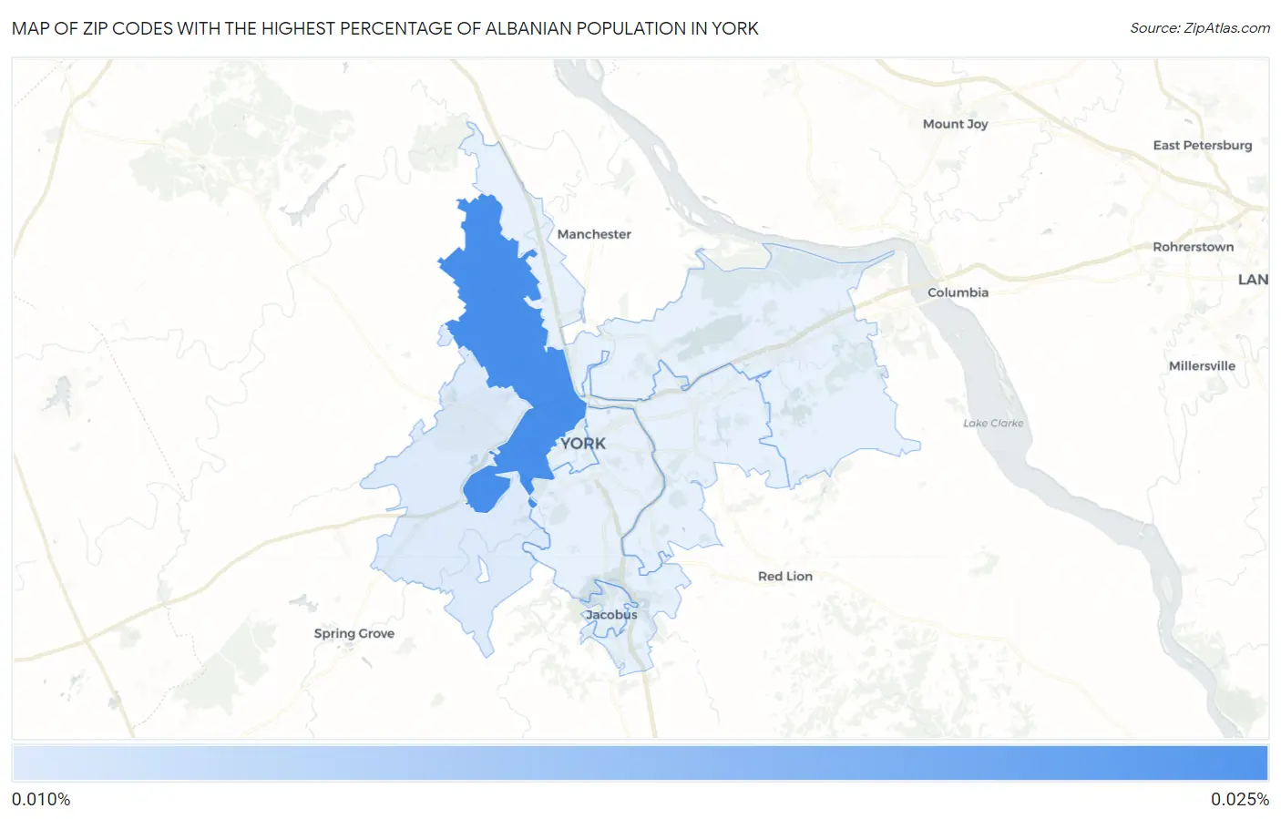Zip Codes with the Highest Percentage of Albanian Population in York Map