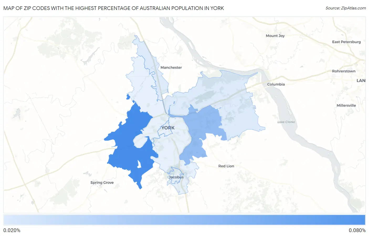 Zip Codes with the Highest Percentage of Australian Population in York Map