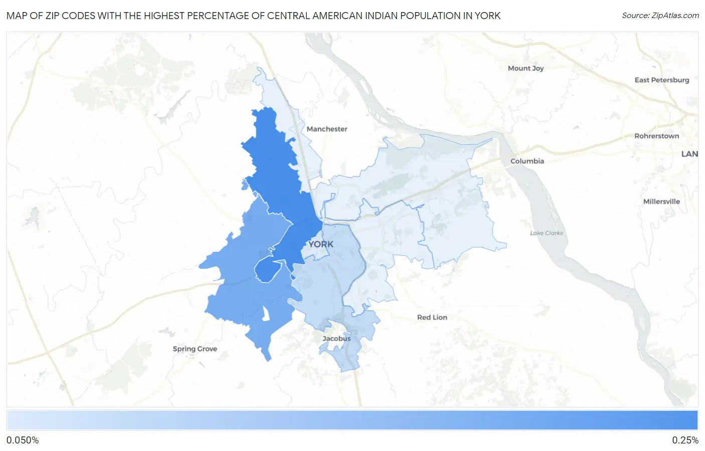Zip Codes with the Highest Percentage of Central American Indian Population in York Map