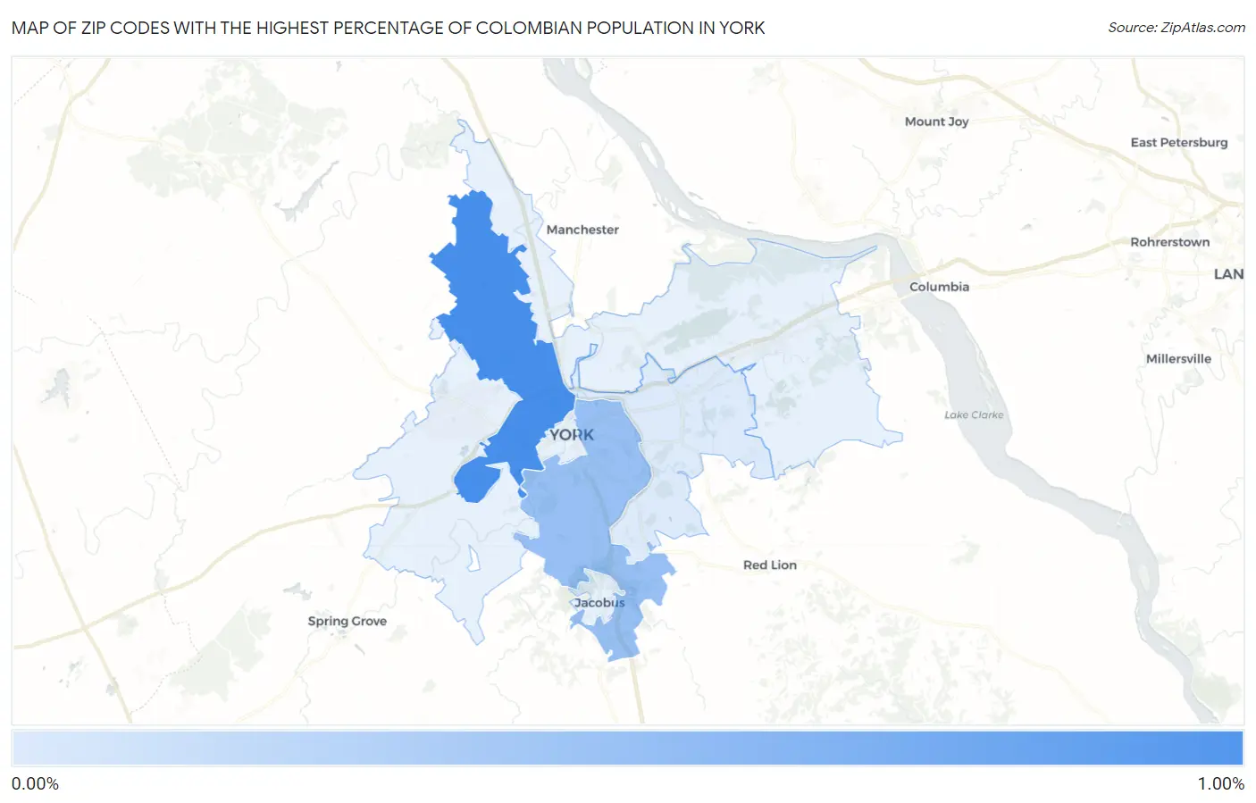 Zip Codes with the Highest Percentage of Colombian Population in York Map