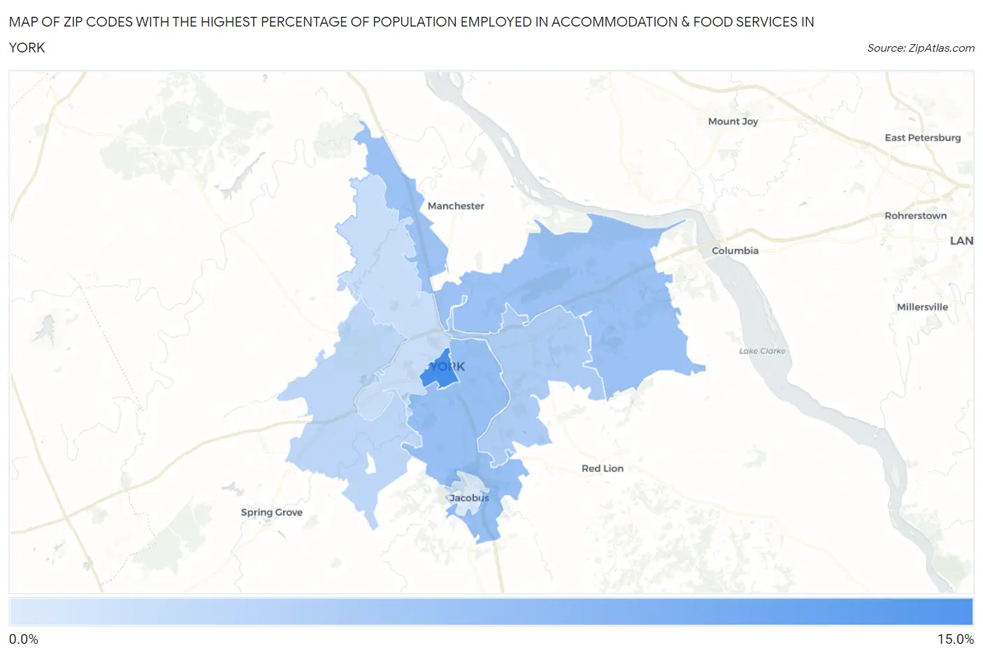 Zip Codes with the Highest Percentage of Population Employed in Accommodation & Food Services in York Map