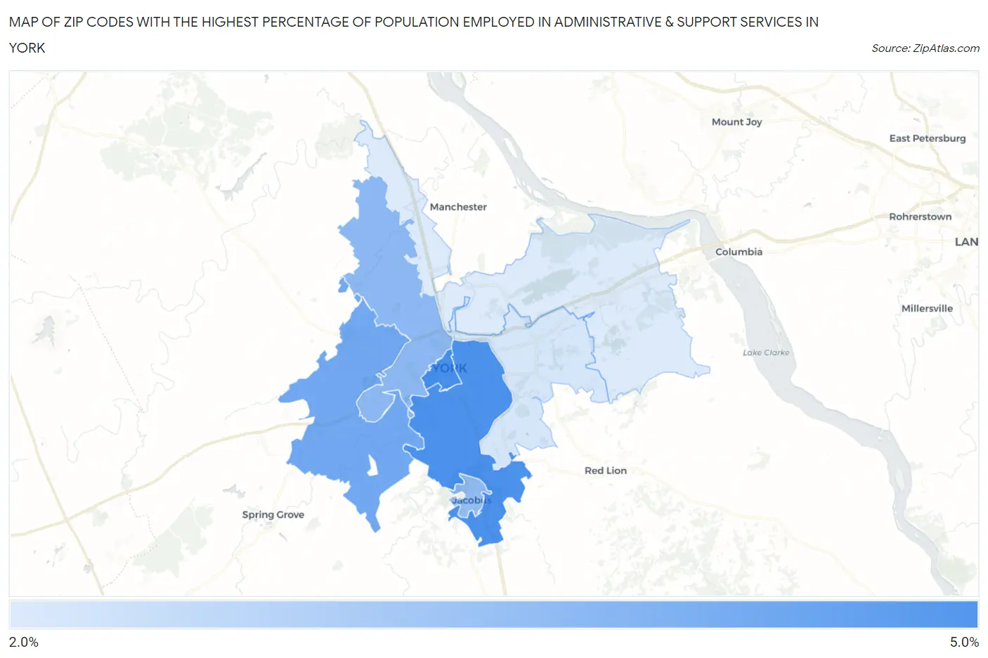 Zip Codes with the Highest Percentage of Population Employed in Administrative & Support Services in York Map