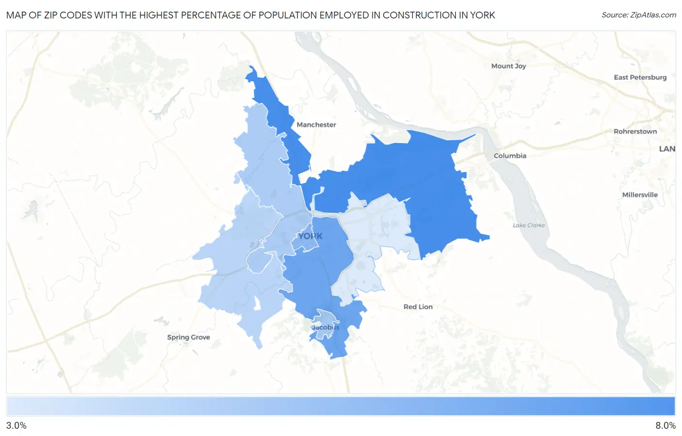Zip Codes with the Highest Percentage of Population Employed in Construction in York Map