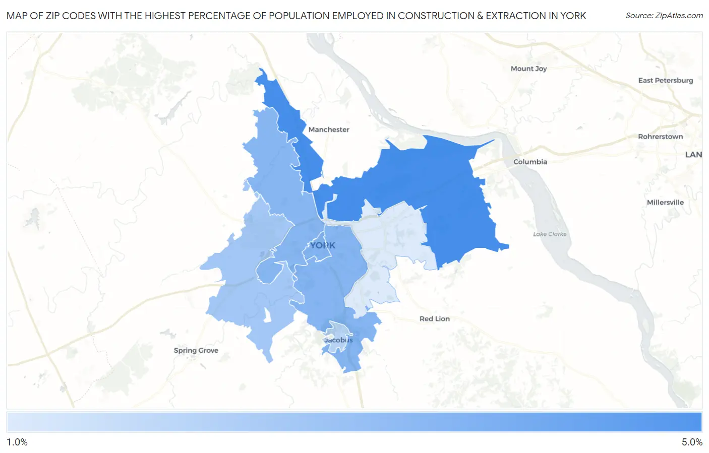 Zip Codes with the Highest Percentage of Population Employed in Construction & Extraction in York Map