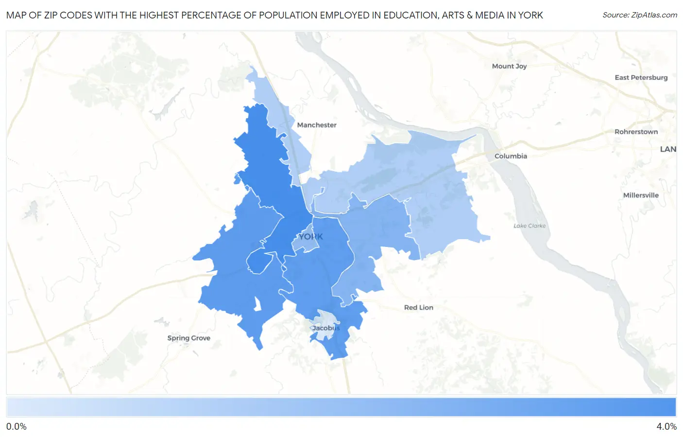Zip Codes with the Highest Percentage of Population Employed in Education, Arts & Media in York Map