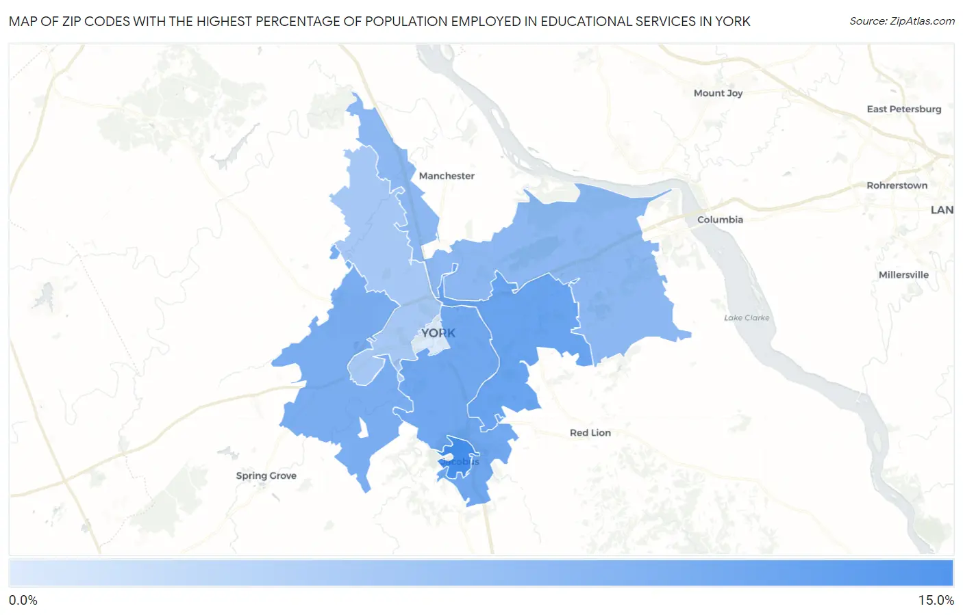 Zip Codes with the Highest Percentage of Population Employed in Educational Services in York Map