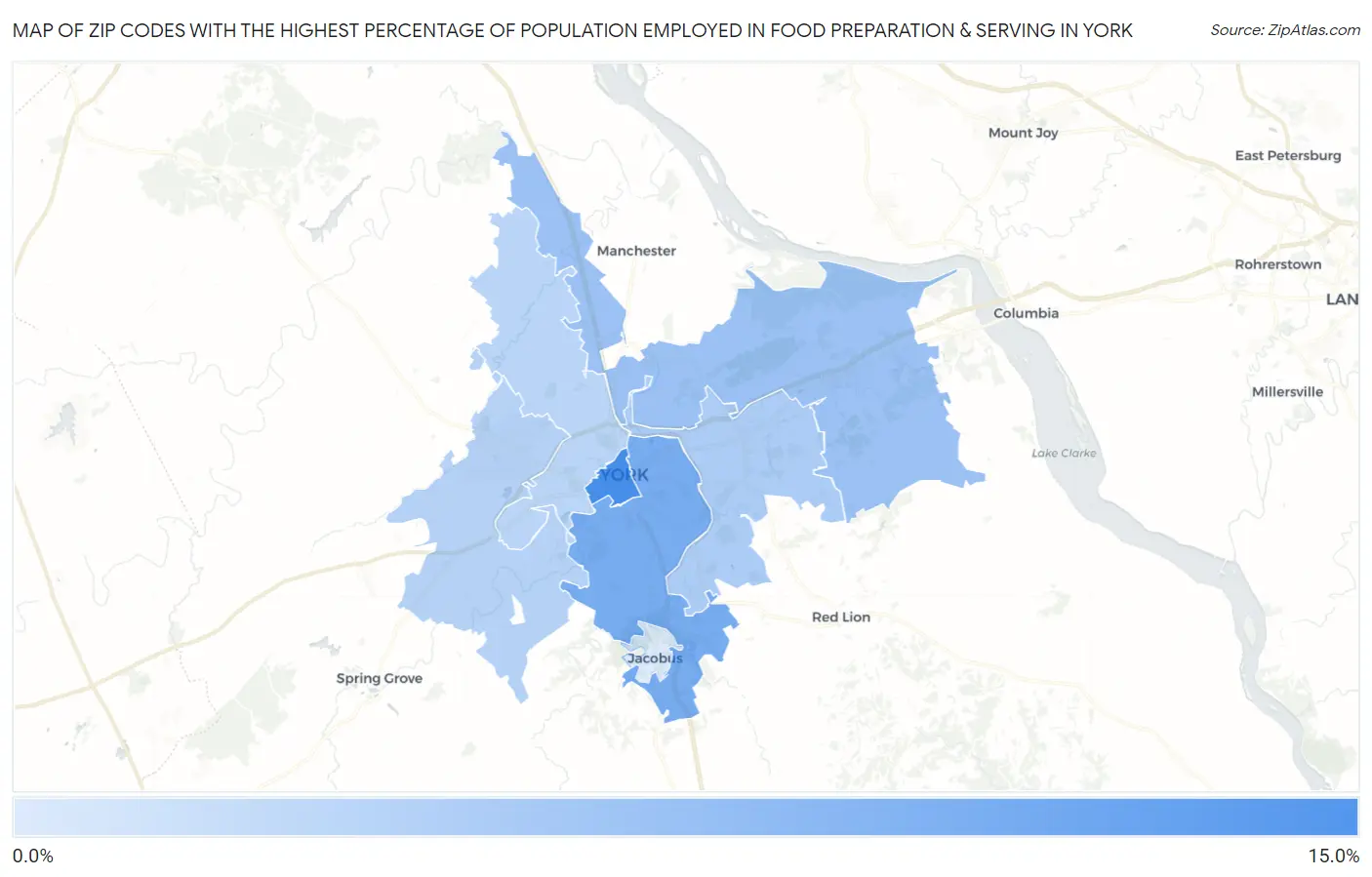 Zip Codes with the Highest Percentage of Population Employed in Food Preparation & Serving in York Map