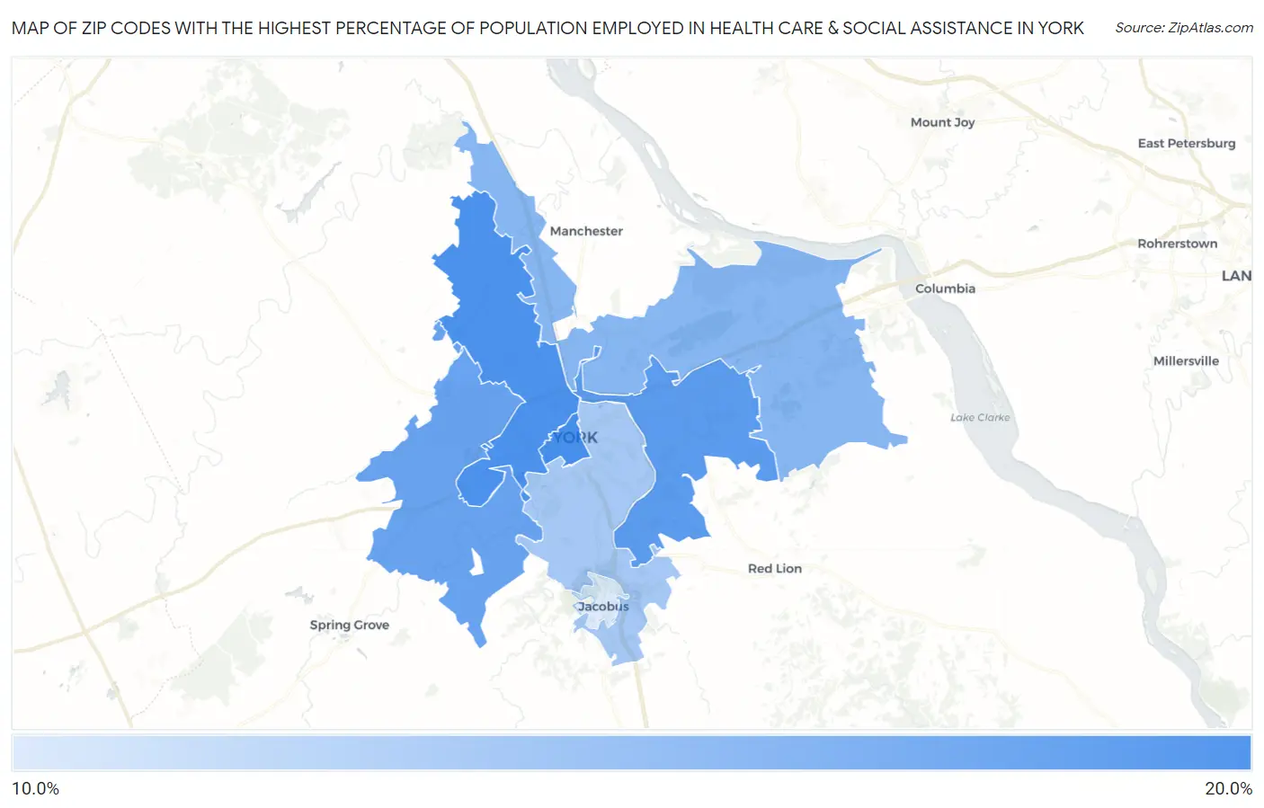 Zip Codes with the Highest Percentage of Population Employed in Health Care & Social Assistance in York Map