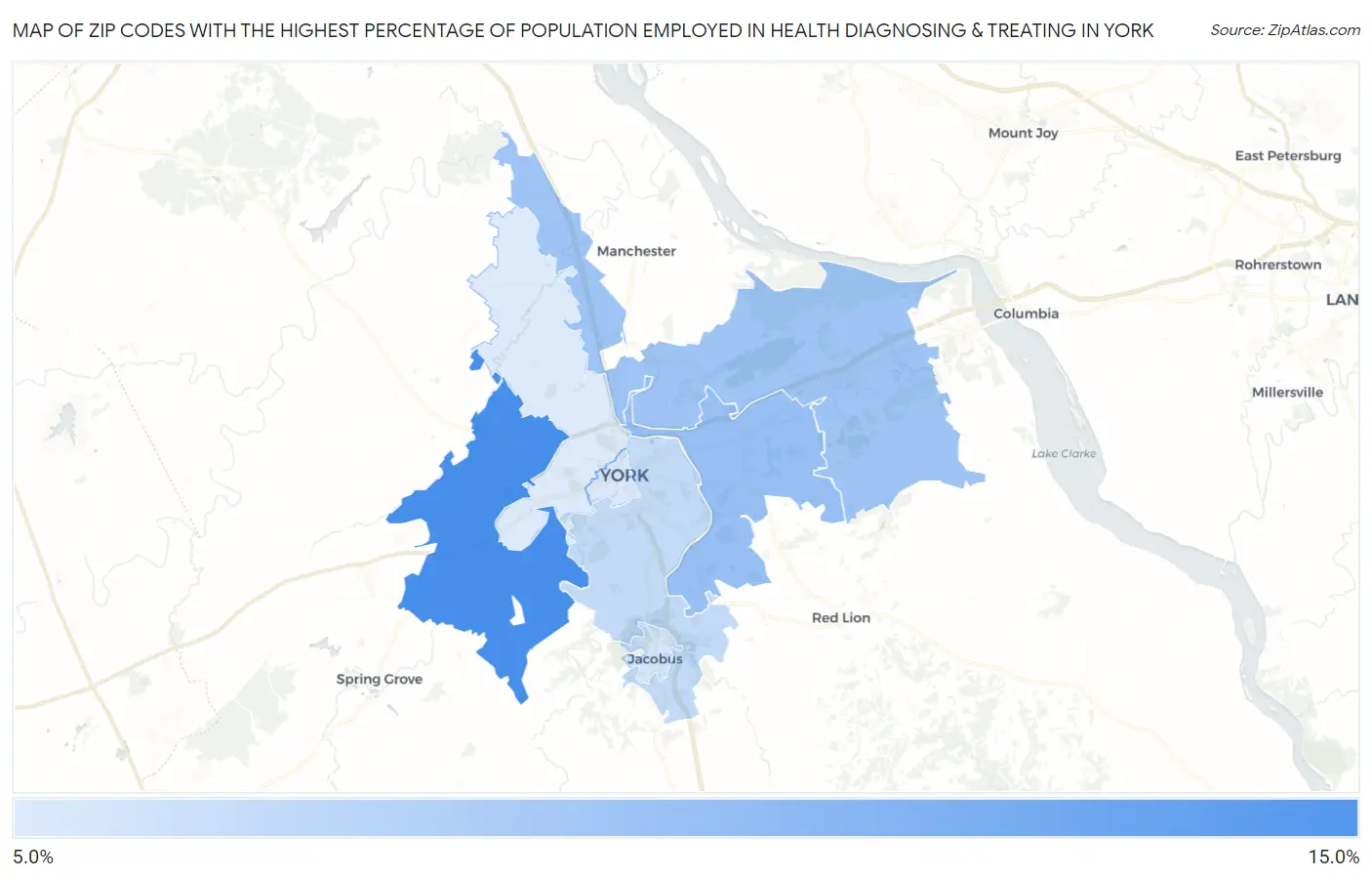 Zip Codes with the Highest Percentage of Population Employed in Health Diagnosing & Treating in York Map