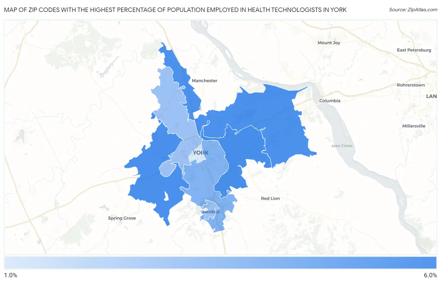 Zip Codes with the Highest Percentage of Population Employed in Health Technologists in York Map