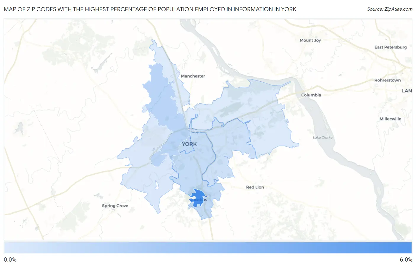 Zip Codes with the Highest Percentage of Population Employed in Information in York Map
