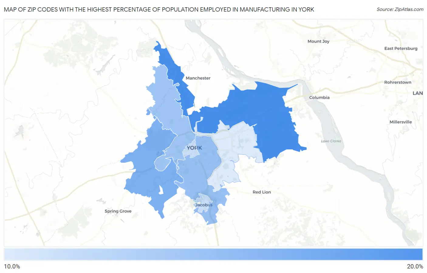 Zip Codes with the Highest Percentage of Population Employed in Manufacturing in York Map