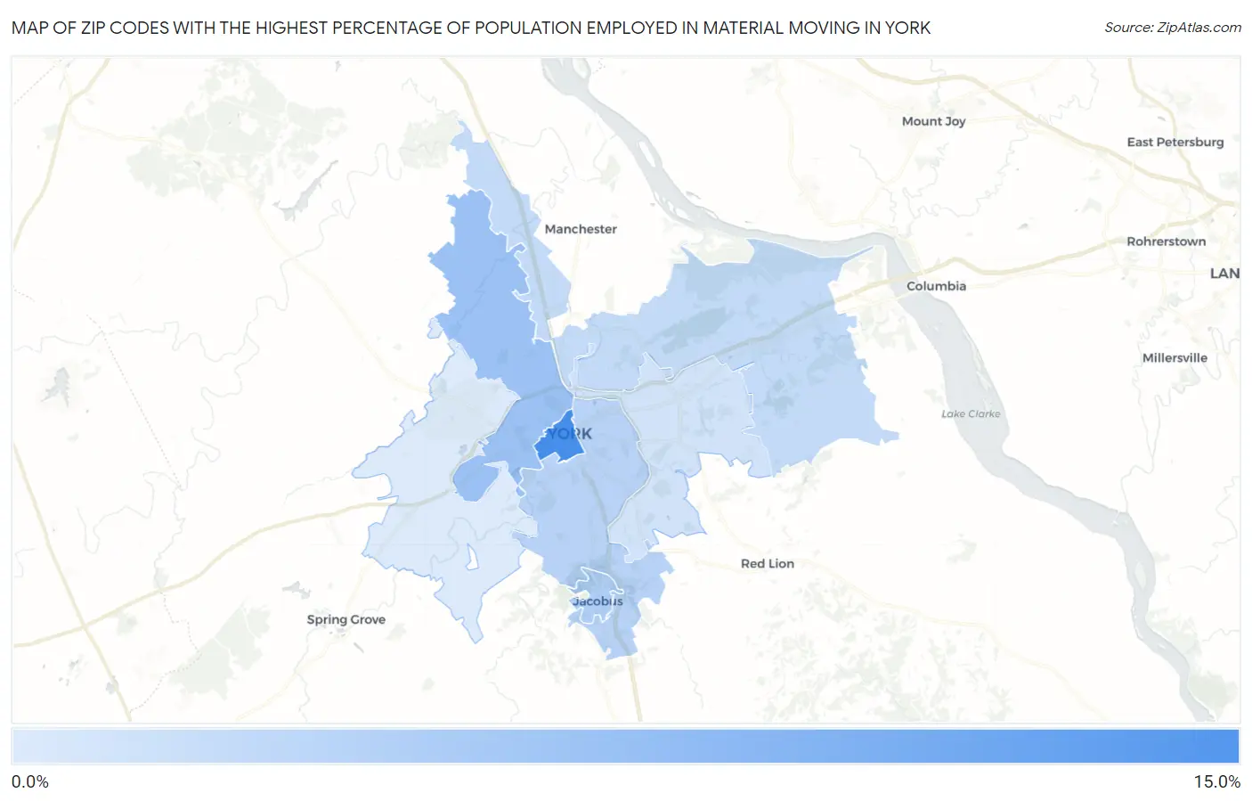 Zip Codes with the Highest Percentage of Population Employed in Material Moving in York Map