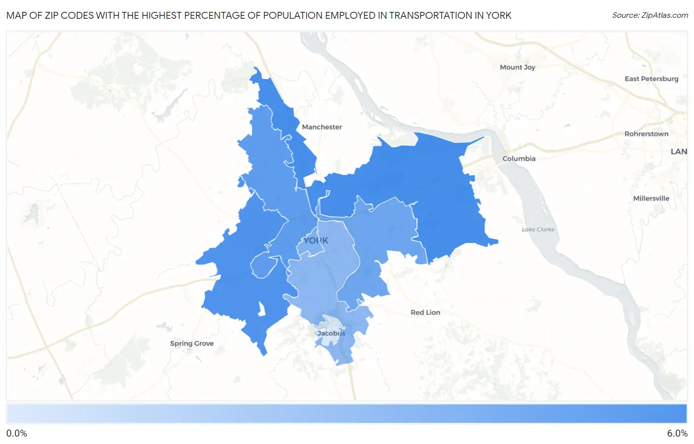Zip Codes with the Highest Percentage of Population Employed in Transportation in York Map