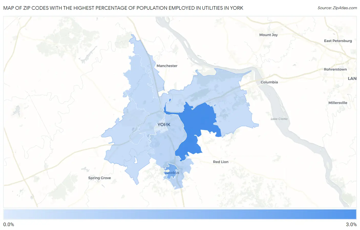 Zip Codes with the Highest Percentage of Population Employed in Utilities in York Map