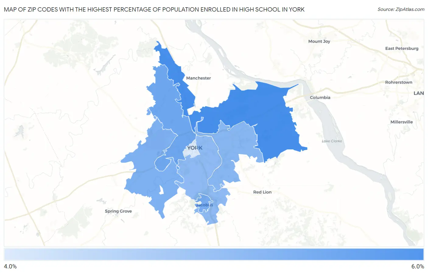 Zip Codes with the Highest Percentage of Population Enrolled in High School in York Map