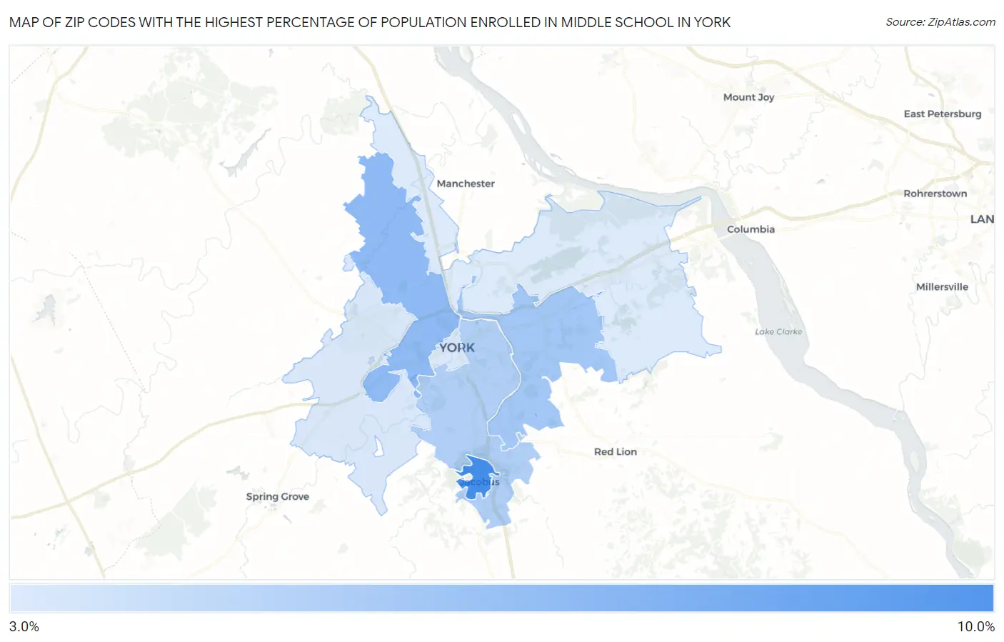 Zip Codes with the Highest Percentage of Population Enrolled in Middle School in York Map